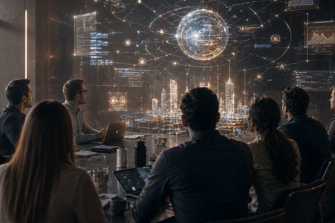 Close on the same team around the table, lights down, the glowing system of their own work standing in the air in front of them