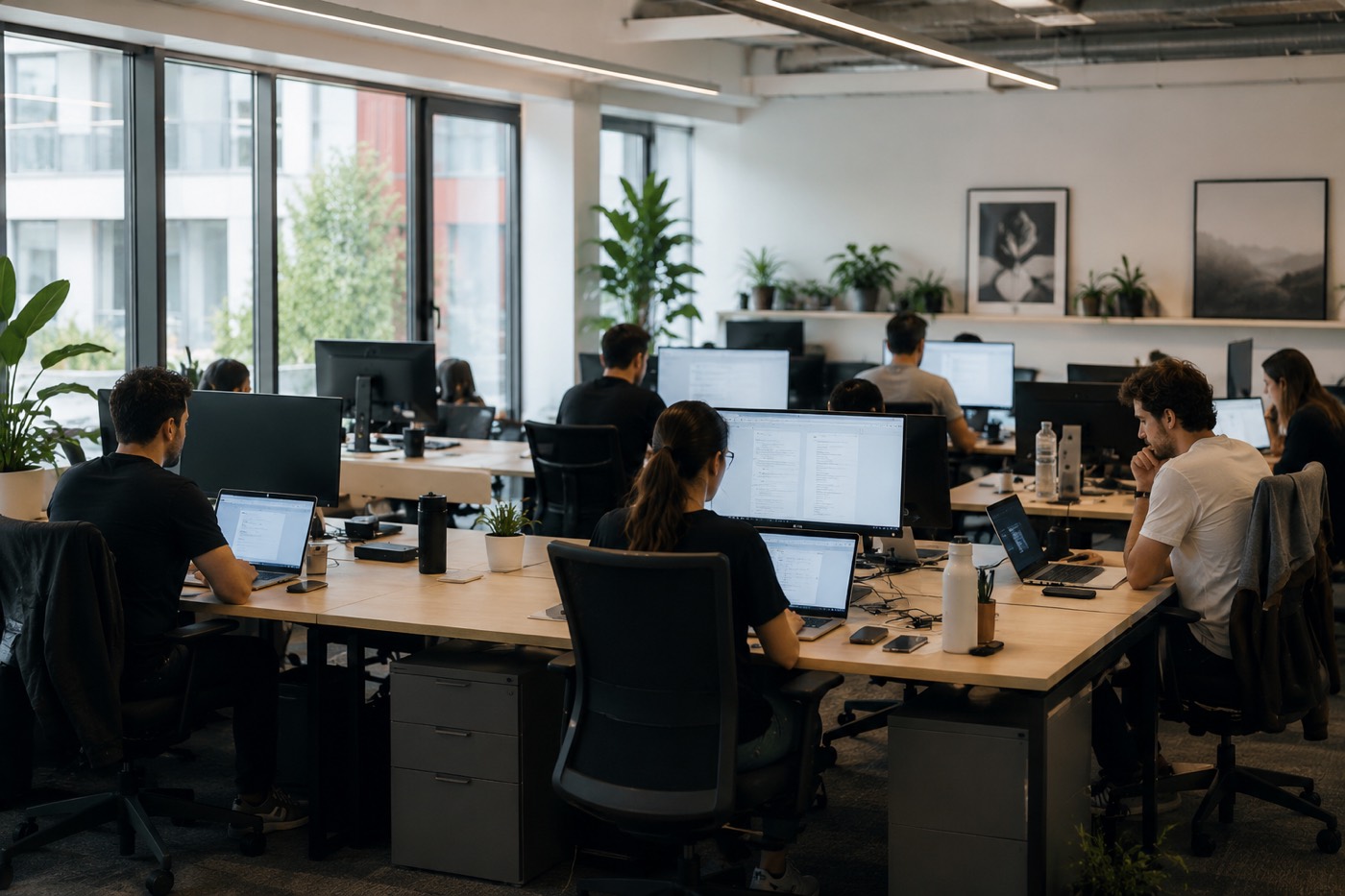 A team at their desks in a bright open plan office, heads down and concentrating on their own screens