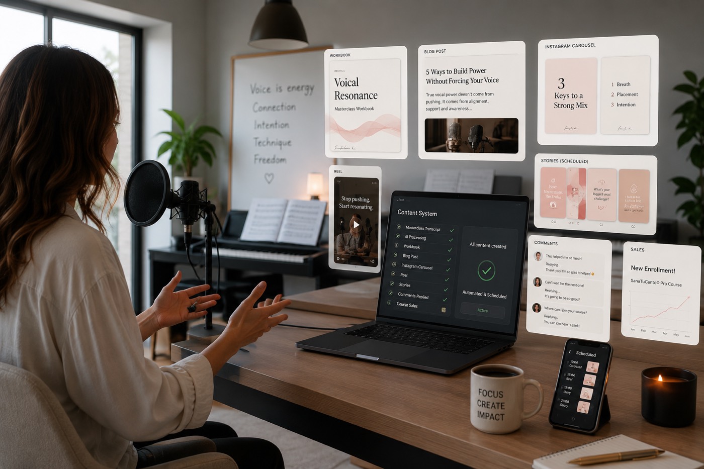 A vocal coach mid session at her mic, with the whole content system fanned out in the air around her: a workbook, a blog post, an Instagram carousel, a reel, a week of scheduled stories, replies going out and a sales chart