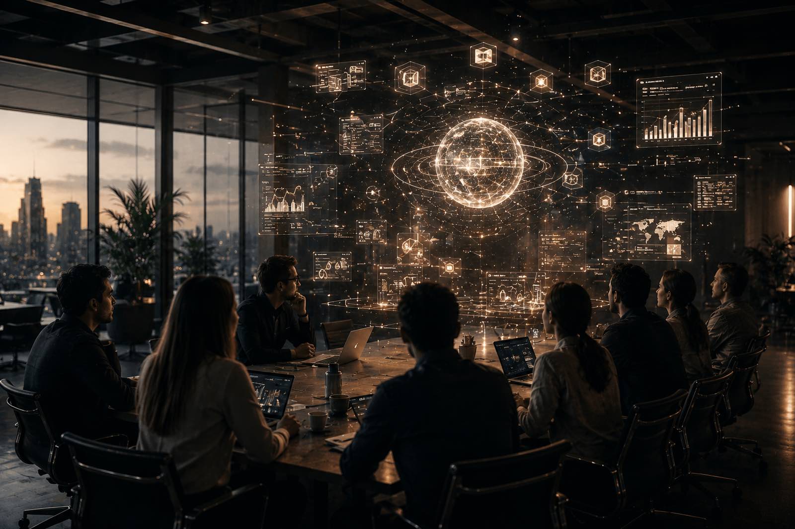 The same team later, lights down, watching a large glowing system of their own work in the air above the table